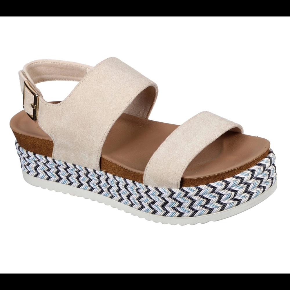 Skechers Womens Platform sandals size 9 tan suede with blue and white details